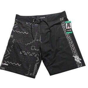 NWT Dahui Mens Swim Trunks 38 x 10 Black Geometric Stretch Polyester Drawstring